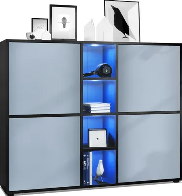 Produktbild von Vladon Highboard Cuba V3,  Germany, Schwarz matt/Denim matt inkl. LED - Moderne Anrichte mit 12 Fächern (130,5 x 105,5 x 35,5 cm)
