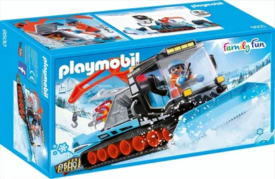 A Playmobil snow groomer toy set on its packaging, with a winter mountain scene depicted.