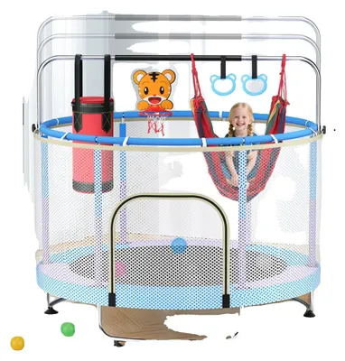 Image de Trampoline pour enfants, barre réglable, filet de sécurité, bleu