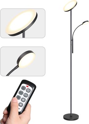 Tomons LED Stehlampe Stehleuchte Stufenlos Dimmbar, Deckenfluter mit verstellbare Leselampe, 3 Farbtemperaturen, mit Fernbedienung und Touch-Schalter für Wohnzimmer, Schlafzimmer und Büro, Schwarz