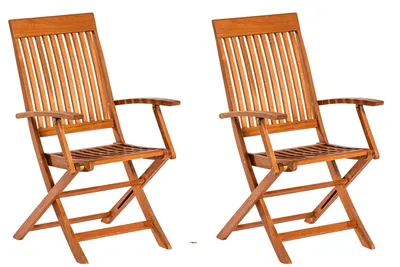 Two wooden garden chairs are shown side-by-side against a white background.