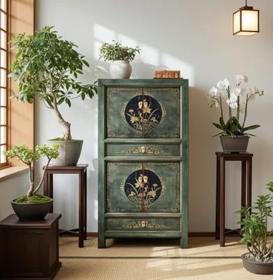 Produktbild von OPIUM OUTLET Vintage Schrank Hochzeitsschrank Möbel aus China, hohe Kommode Sideboard Landhaus Antik-Stil asiatisch orientalisch chinesisch fernöstlich shabby-chic für Schlafzimmer, Wohnzimmer, tannen-grün Holz