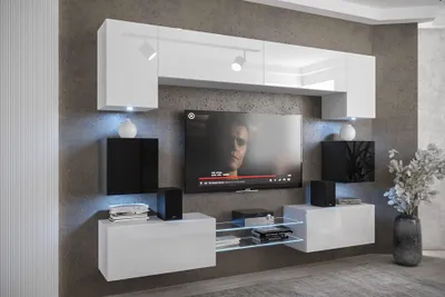Produktbild von Furnitech Wohnwand Wohnzimmer - Wohnzimmer Möbel mit LED Weiß - Hängend Wohnwand Modern - Regale und TV Schrank (Nowara ANX1-17WB-HG22-1A)