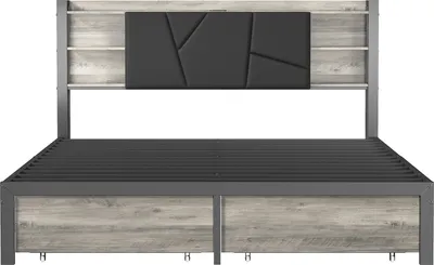 Produktbild von Doppelbett 160x200 cm, Metall, mit LED-Beleuchtung und USB-Ladefunktion, Polsterbett mit 2 Schubladen, Schwarz