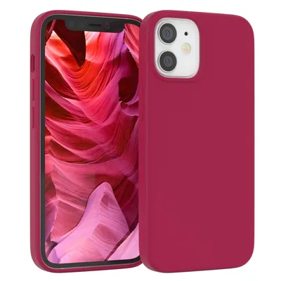 A red silicone phone case for an iPhone 12 Mini is shown with the phone inside.