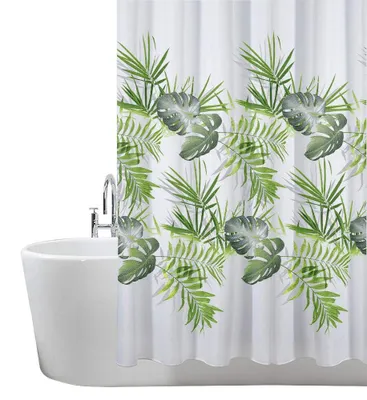 Produktbild von Duschvorhang – 180 x 180 cm (71 x 71 Zoll) – Blattmuster – Palmengrün, schimmelresistenter und waschbarer Duschvorhang mit 12 Duschringen | 100 % Polyester
