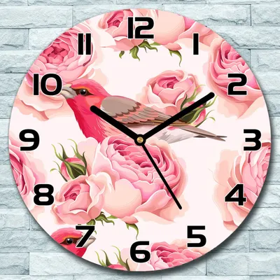 Produktbild von Wanduhr aus Glas Rund fi 30 Blumen vögel rosa Quarz Deko Schlafzimmer Büro