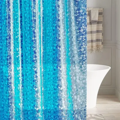 Image de Rideau de douche imperméable en PEVA avec effet 3D et motif galets bleus, rideau de douche particulièrement résistant avec 3 aimants, rideau de salle de bain anti-moisissure avec 12 crochets, 183 x 183 cm