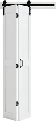 Produktbild von SucceBuy Faltbare Schiebetür im Scheunentor-Stil 914x2134 mm aus MDF, mit Beschlagsatz und platzsparendem H-Rahmen-Design, Faltschiebetür für Schlafzimmer und Wohnzimmer in Weiß (Montage erforderlich)
