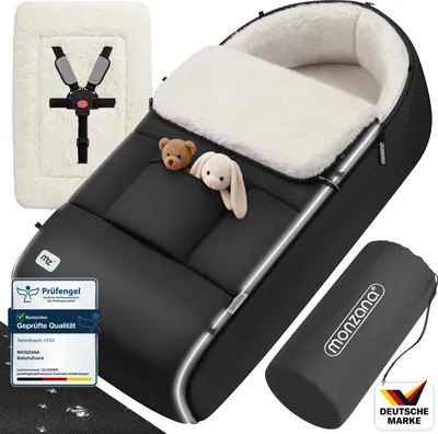 Produktbild von MONZANA® Fußsack Kinderwagen & Buggy – Kuscheliger Winterfußsack für Baby, mit Reflektoren, Reißverschluss & 3-/5-Punkt-Gurtsystem – Waschbar, Wasserabweisend, Dunkelgrau