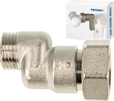 Obrázok produktu pre Radiátor tecuro s pripojením typu S – 10 mm vyrovnanie výšky, 1/2" vonkajšia závit x 3/4" vnútorná závit, poniklovaná mosadz