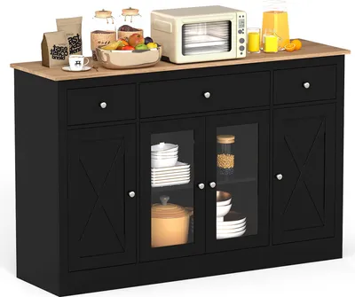 Immagine prodotto di COSTWAY Credenza, 140 cm, mobile da cucina con 3 cassetti, 2 ante in vetro e ripiani regolabili, credenza da cucina in stile rustico, legno nero