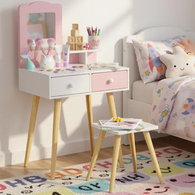 Productafbeelding van Clevich 2-in-1 make-up tafel kinderset, prinsessen make-up tafel met spiegel