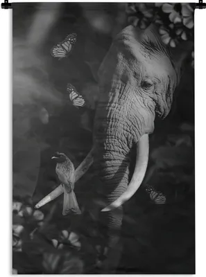 Produktbild von MuchoWow® Wandteppich Wandbehang Porträt eines Elefanten und eines Vogels im Dschungel - schwarz und weiß 90x135 cm Tapisserie Dekoration Wandtuch - Baumwolle - Wandskulptur