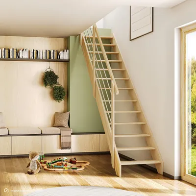 Produktbild von Raumspartreppe Intercon Palermo Fichte | einseitiges Geländer mit Edelstahl-Geländerstäben | Holztreppe mit 13 Stufen für Geschosshöhen bis 280 cm