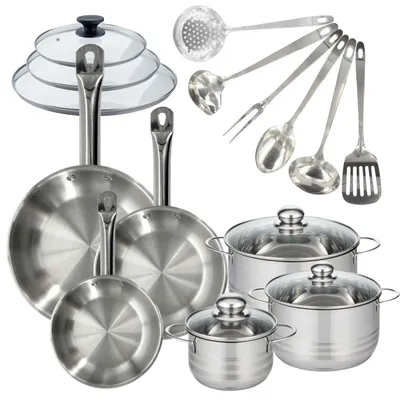Image de Batterie de cuisine 3 poêles 20/24/28 cm et couvercles, 3 faitouts 16/20/24 cm et 6 ustensiles Fackelmann Eterna