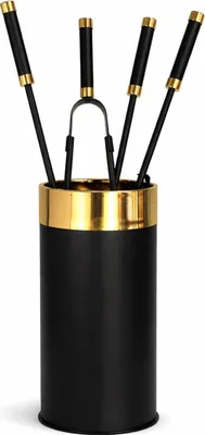 Produktbild von Design Kaminbesteck Schwarz - Kamingarnitur Messing Elemente - Ofenset 5 tlg.