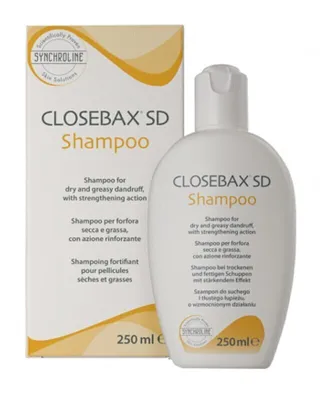 A bottle of CLOSEBAX SD Shampoo and its packaging are shown against a white background.