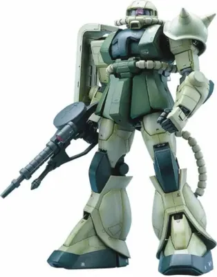 A model of a green and beige robot with a gun.