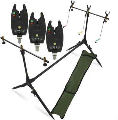 Imagen del producto de Kit de soporte para cañas "Bissanzeiger" + funda de transporte, que incluye 3 detectores de picada con control de volumen, para la pesca de carpas