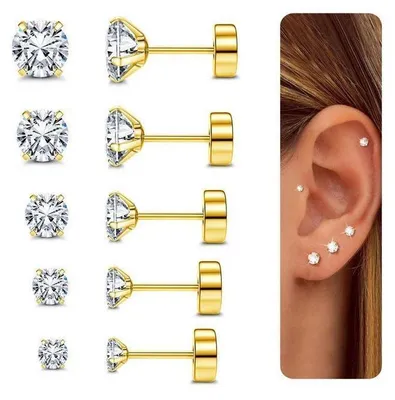 Produktbild von Ohrringe Set 5 Paar Chirurgenstahl 316L Hypoallergen Damen Herren Flatback Zirkonia 2-6mm