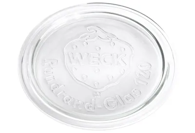 A clear glass jar lid with embossed text and a strawberry logo.