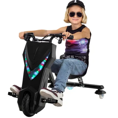 Produktbild von Kinder Elektro Drift Trike | Drift Scooter - Drift Cart - Bis zu 15km/h - LED Driftrollen 360° - Hupe - 3 Geschwindigkeitsstufen (Schwarz)