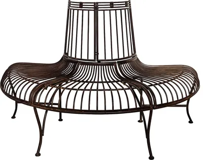 A brown metal garden bench designed to fit around a tree.
