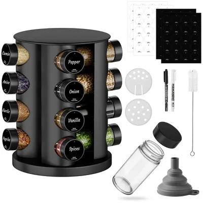 Produktbild von Rundes schwarzes Gewürzregal mit 16 schwarzen Gewürzgläsern, 360° drehbarem Gewürzkarussell aus Edelstahl, Gewürzorganizer, Gewürzständer, Gewürzgläser mit Streueinsatz