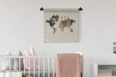 Produktbild von MuchoWow® Wandteppich Wandbehang Weltkarte - Braun - Holz 60x60 cm Tapisserie Dekoration Wandtuch - Dekorationen - Wand Decke
