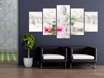 Produktbild von Akustikbild Buddha Blumen 200x100 cm Bilder Akustikschaum Hochleistungsschallabsorber Schallschutz Leinwand 5 tlg Wandbild Raumakustik Schalldämmung b-A-0020-b-o