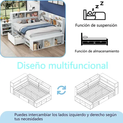 Immagine prodotto di Letto per bambini Merax 140x190 cm con cassetti e libreria, letto singolo multifunzionale con armadio contenitore, letto per ragazzi con rete a doghe, bianco