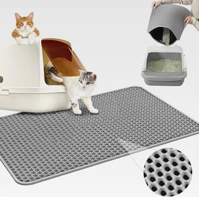 Produktbild von Katzenklo Matte 60x40CM, Katzenstreu Matte Wasserdichte Doppelte Schichte, Katzenmatte Katzenklo Unterleger Waben, Matte Katzentoilette für Litter Catcher, Cat Litter Mat Grau, Katzentoilette Matte