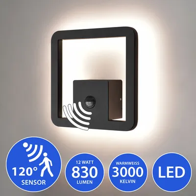 A modern black LED outdoor wall light with a square frame and a central cube containing a motion sensor, mounted on a light gray wall. Several blue circular badges with white text and icons are displayed below the light, highlighting its features.