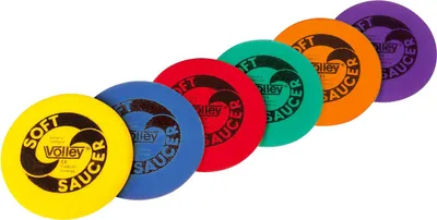 A collection of colorful frisbees arranged diagonally on a white background.