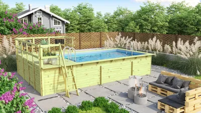 Produktbild von Karibu | Rechteckiger kdi Massivholz Pool 350 x 530 cm | Set mit 2 Sonnenterrassen inkl.