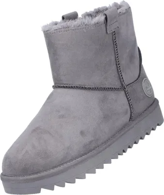 Auf dem Bild ist ein grauer Stiefel zu sehen der von der Innenseite betrachtet wird. Der Stiefel hat eine robuste Sohle und wirkt insgesamt sehr stabil und funktional.