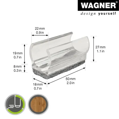 Obrázek produktu pro Kluznice WAGNER pro kulaté trubky, 4 kusy - 50 x 18 / 22 x 19 / 27 mm, plsť 8 mm, průhledný plast - 15069399