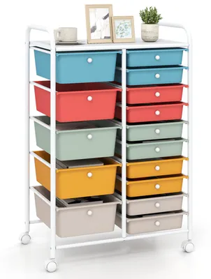 Produktbild von COSTWAY Rollcontainer mit 15 stapelbaren Schubladen, Rollwagen mit feststellbaren Rollen & Metallrahmen, Servierwagen Aufbewahrungswagen Macaron