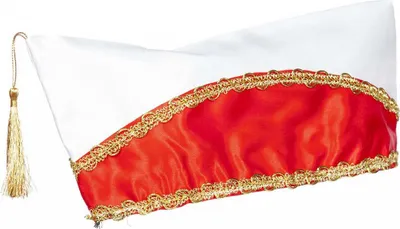 A single jester's hat with red and white sections, trimmed with gold braid and a gold tassel.