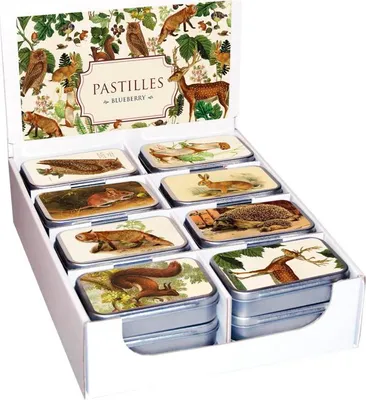 Produktbild von Pastillen in einer Blechdose mit dem Motiv "Waldtiere"