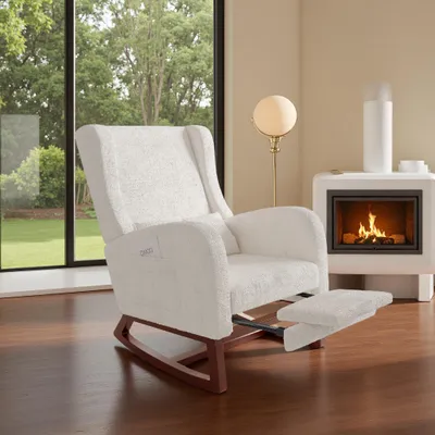 Immagine prodotto di Poltrona a dondolo INONEFT con poggiapiedi, poltrona a dondolo con cuscino lombare, tasche laterali e base in legno massello, poltrona reclinabile a dondolo, Lana, color beige