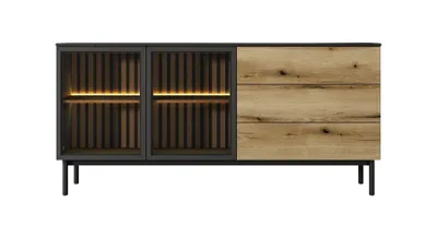 Produktbild von BETTSO Breite Kommode mit LED-Beleuchtung Glas LANGO 180cm Schwarz + Eiche Evoke