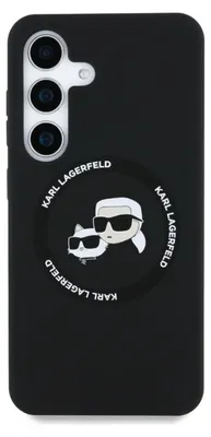 A black phone case with a circular graphic featuring Karl Lagerfeld's signature cartoon character and a cat, both wearing sunglasses. The text 'KARL LAGERFELD' is printed in a circle around the graphic.
