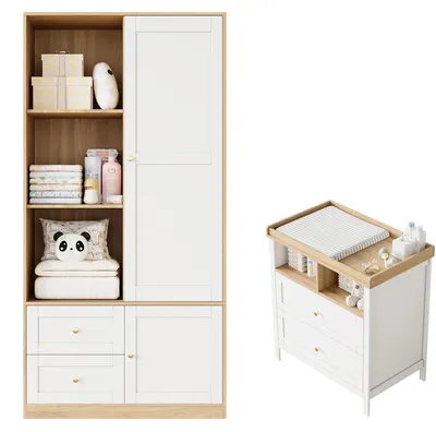 Produktbild von Merax Babymöbel Satz, Kleiderschrank mit Schiebetür, Kleiderstange, Schubladen, Umwandelbarer Wickeltisch mit abnehmbares Schutzgitter, Weiß