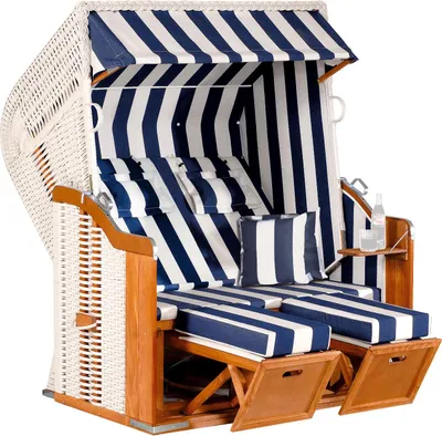 Produktbild von Rustikal Strandkorb 250 Plus 2-Sitzer XL, Halblieger Ostseeform, Geflecht weiß, Strukturpolyester blau-weiß-gestreift, Fichtenholz lasiert, ca, 145x90x160