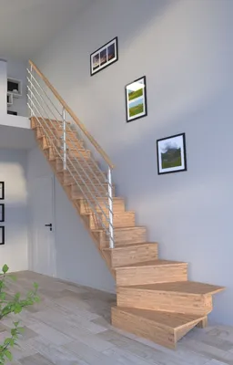Produktbild von Holztreppe Lindos (Eiche) in  1/4 gewendelter Ausführung links-100 cm-Design Geländer Edelstahl-mit Setzstufen