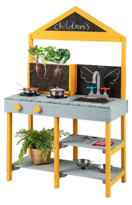 Produktbild von Matschküche Kinder Outdoor Kinderküche Tannenholz mit Pflanzbehälter & 2 Kreidetafeln & Wasserhahn Blau
