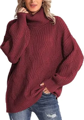 Produktbild von Damen Chunky Cable Strick Rollkragenpullover - Weicher, Übergrößer Langarm Winterpullover, Rotwein
