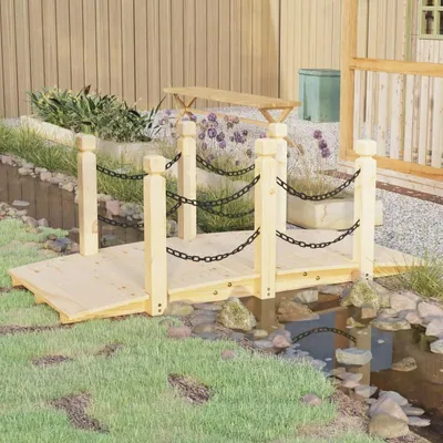 Produktbild von Holzbrücke aus massivem Kiefernholz mit Kettenzaun – 150x67x56 cm. Wetterfeste Brücke für Terrasse und Garten
